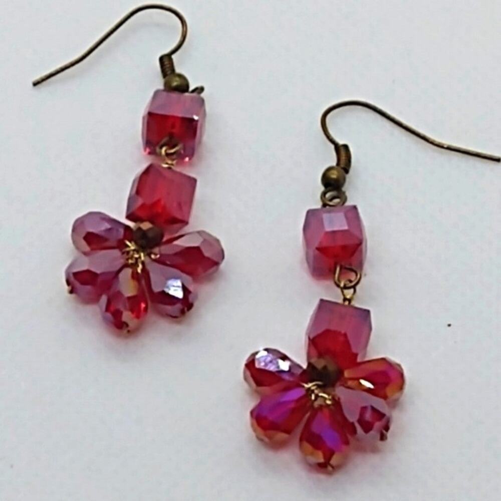 Red Floral Crystal Earrings Fish Hook Ear Wires Teardrop and Square Beads